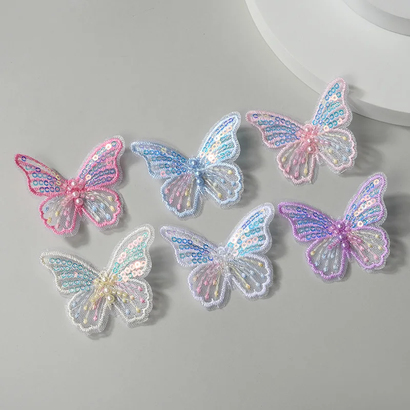 Aplique de mariposa bordado, lentejuelas personalizadas, Clips para el pelo, pendientes, accesorios de decoración, 50 piezas