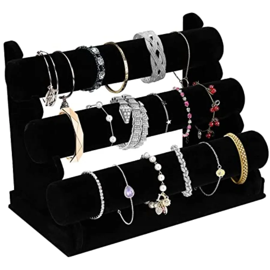 Velvet Bracelet Holder with 3 Tier Rack, Black Detachable Jewelry Display Stand T-Bar Necklace Storage Organizer for Bangles Wa