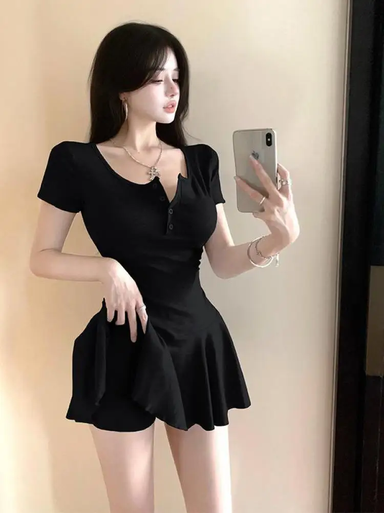 

Summer Women Black Grey Square Neck Button Short Sleeve Sexy Elegant Slim Pleated Mini Dress And High Waist Shorts Two-piece Set