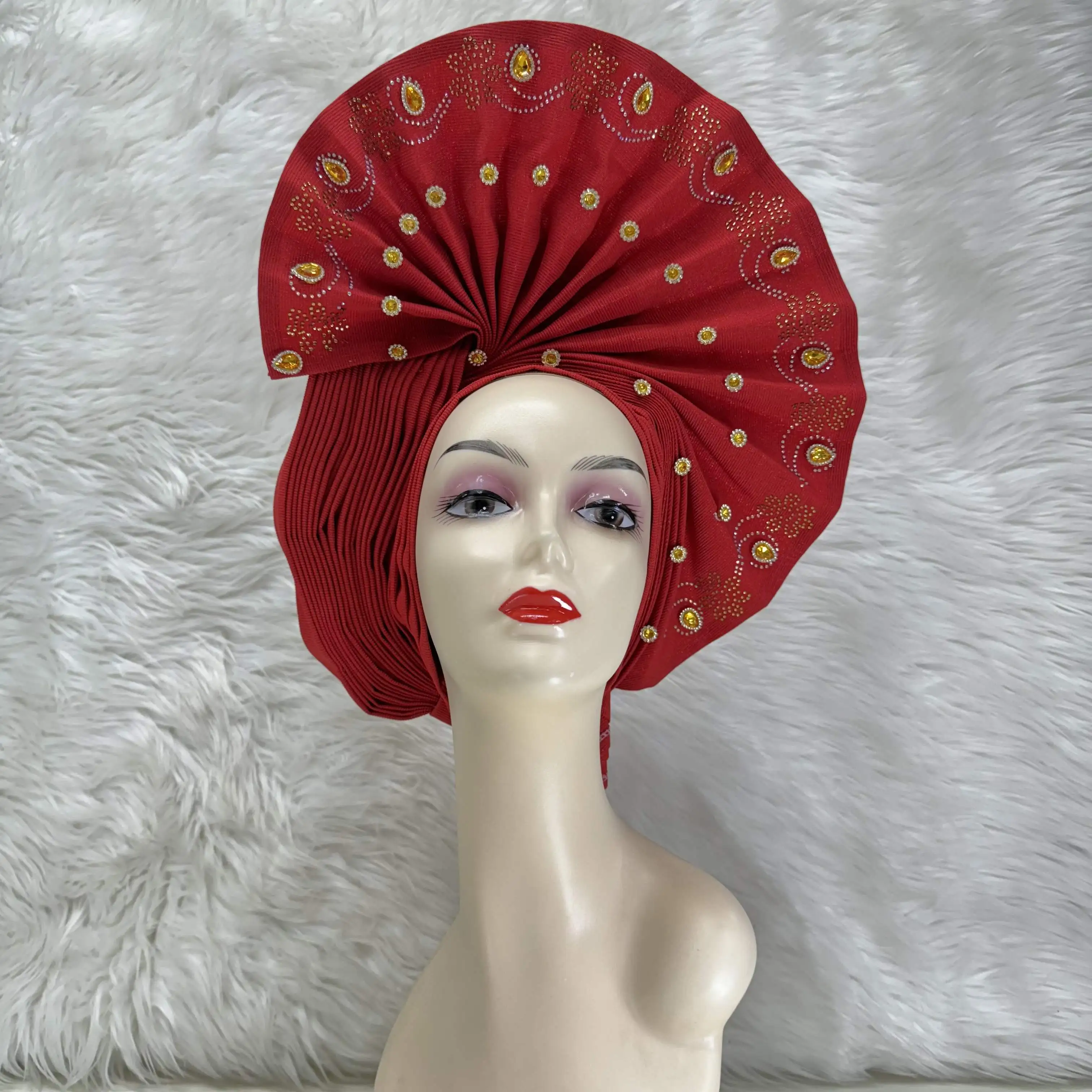 Pretty Nigerian Gele Headtie Aso Oke Gele Already Made Auto Gele Aso African Turban Cap With Crystals For Party 1Piece