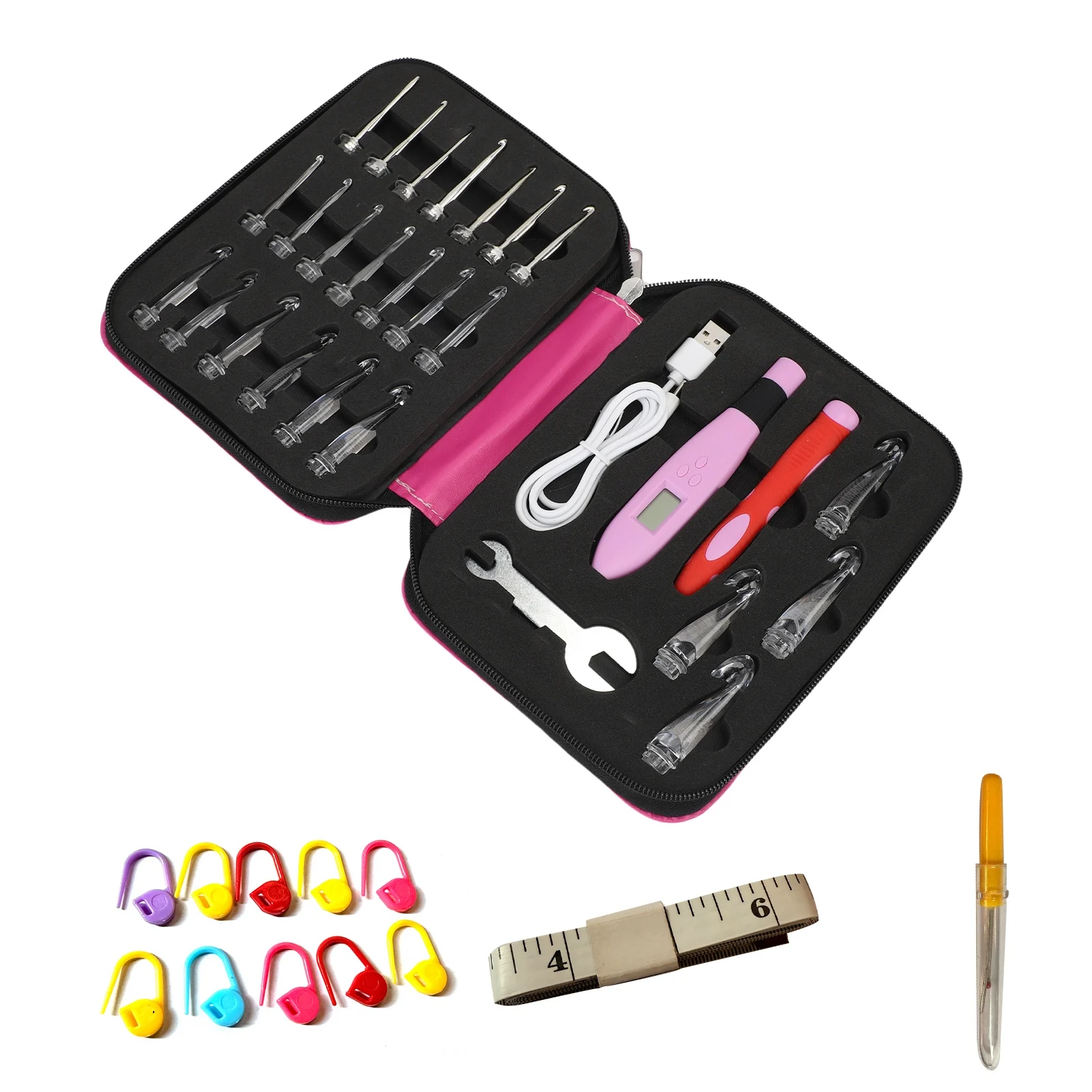 Lighted Crochet Hooks Set, Rechargeable Crochet Hook with 24 Interchangeable Crochet Heads and LED Light, Digital Counting Croch