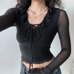 HELIAR Women Solid Slim Sexy T-shirt Mesh Flare Sleeve Ruffles Casual Office Crop Top Lace-up Streetwear Blouse  Autumn Tee