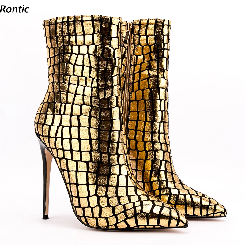 

Rontic New Arrival Women Winter Ankle Boots Lattice Style Stiletto Heels Pointed Toe Gorgeous Gold Night Club Shoes US Size 4-15