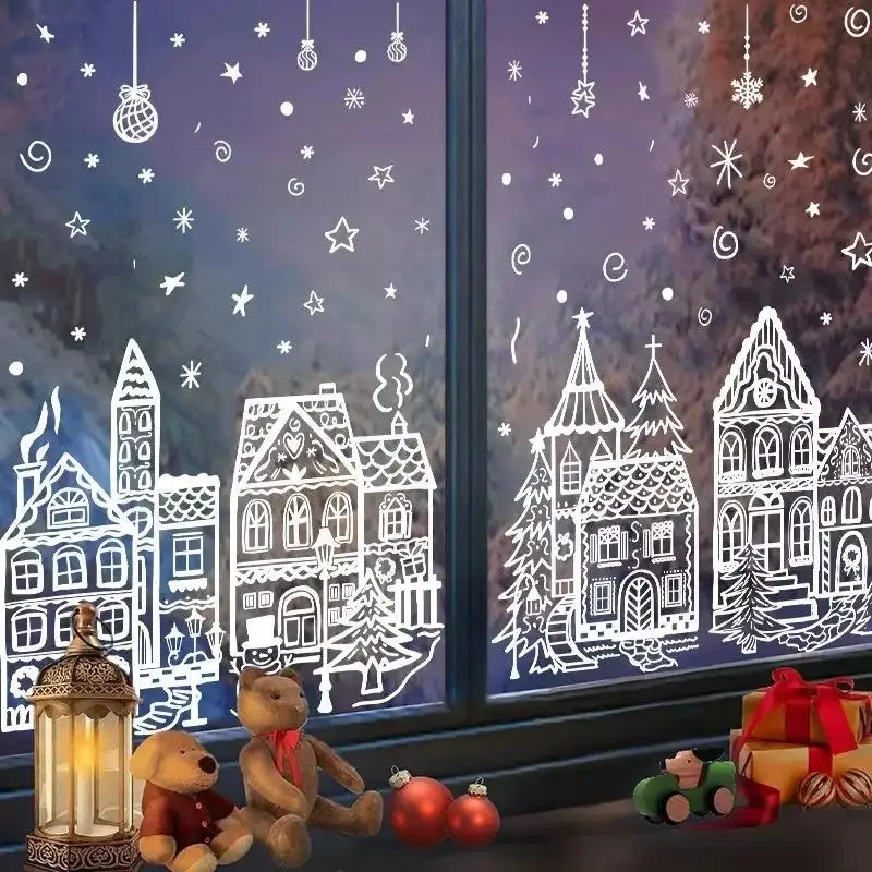 4 Pcs Christmas Window Decals: Reindeer Pine Tree Snowflake Pattern Self Adhesive Home Xmas Holiday