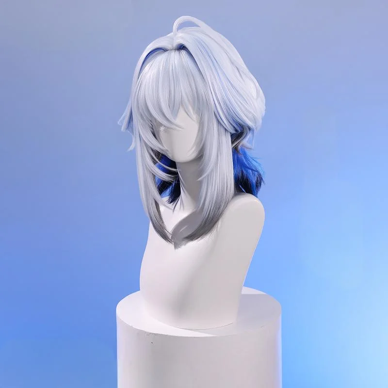 Jogo wuthering ondas galbrenr peruca cosplay prateado cinza azul curto cabelo encaracolado resistente ao calor perucas sintéticas adereços de halloween