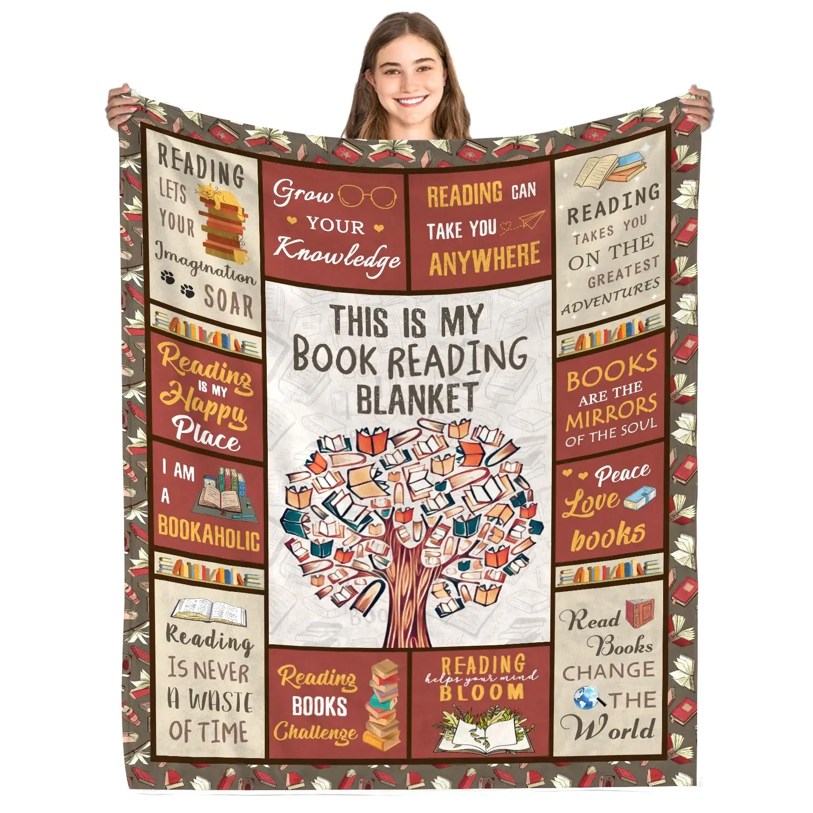 Book Lovers Throw Blanket, Bookish Book Club Gift Blanket, Best Bookworm Gifts on Birthday Graduation Vintage Library Blankets