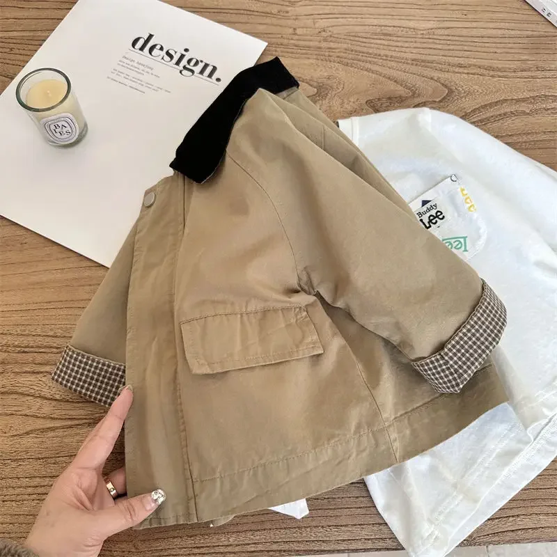 

Fashion Spring Autumn Baby Boys Coats Simple Brown Zipper Jackets Trenchs Patchwork Outwears Kids Clothes 2024 Loose