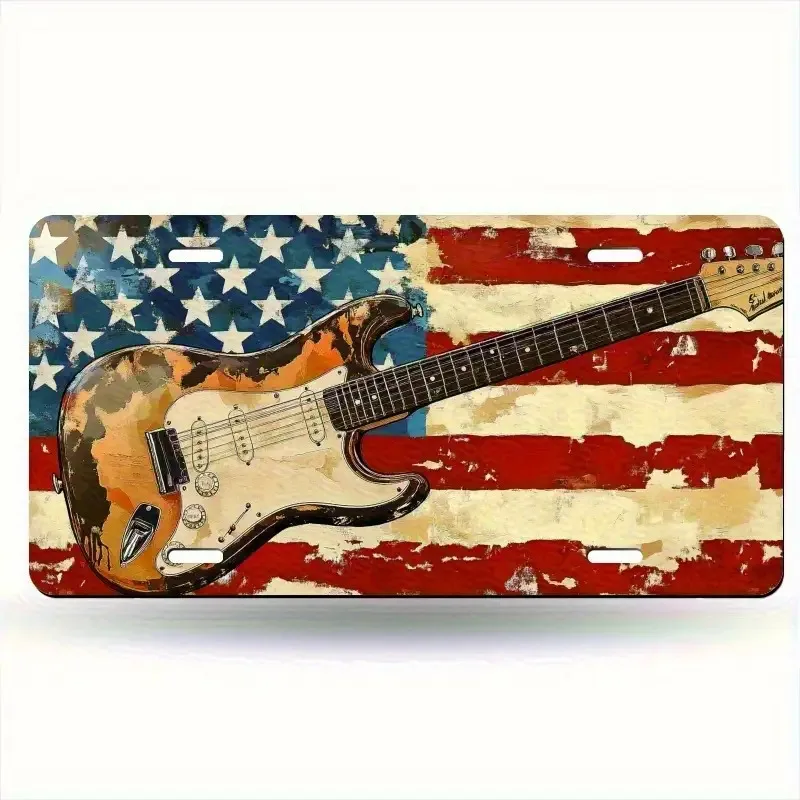 2D Flat, Elegant Music Guitar American Flag Stylish License Plate, Suitable for Men'S And Women'S Car Decoration Additions
