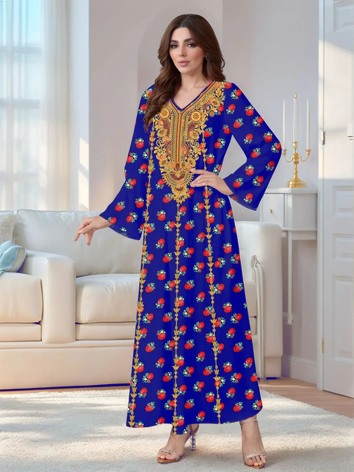Eid femmes Robe col en V musulman Abaya imprimer robes Largos caftan arabe Robe longue Jalabiya Ramadan élégant longues robes 2025