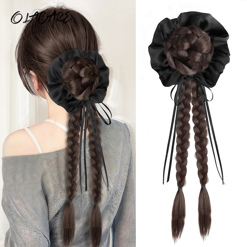 New Chinese Style Synthetic Clip on Hair Braid Flower Bud Head Grip Fried Dough Twists Braid Double Ponytail Hair Extensions