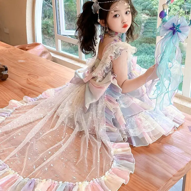 Summer Backless Lolita Ball Gown Dress Girls Kids Sets Princess Shiny Dress Birthday Party Childrens Gauze Clothing Bow Sundress