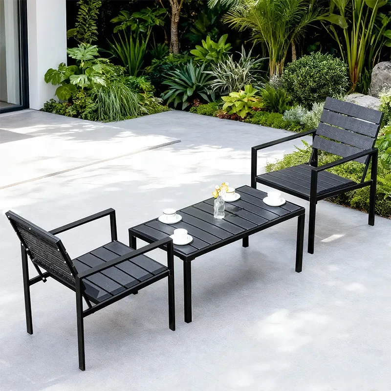for Outdoor Plastic Wood Table and Chair Set Garden Villa Anti-Corrosion Tea Table Courtyard Sofa Long Table Leisure