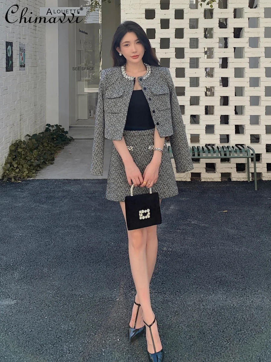 Autumn New Fashion Grey Long Sleeve Jacket Top High Waist Short Skirt Set 2024 Autumn New Elegant Party Women\'s Two-piece Set