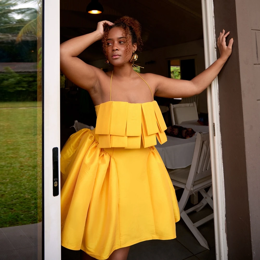 Los más nuevos vestidos de verano hinchados de satén Aso Evi tafetán volantes Mini vestido de fiesta de cóctel mujeres Seay Halter vestidos formales de graduación