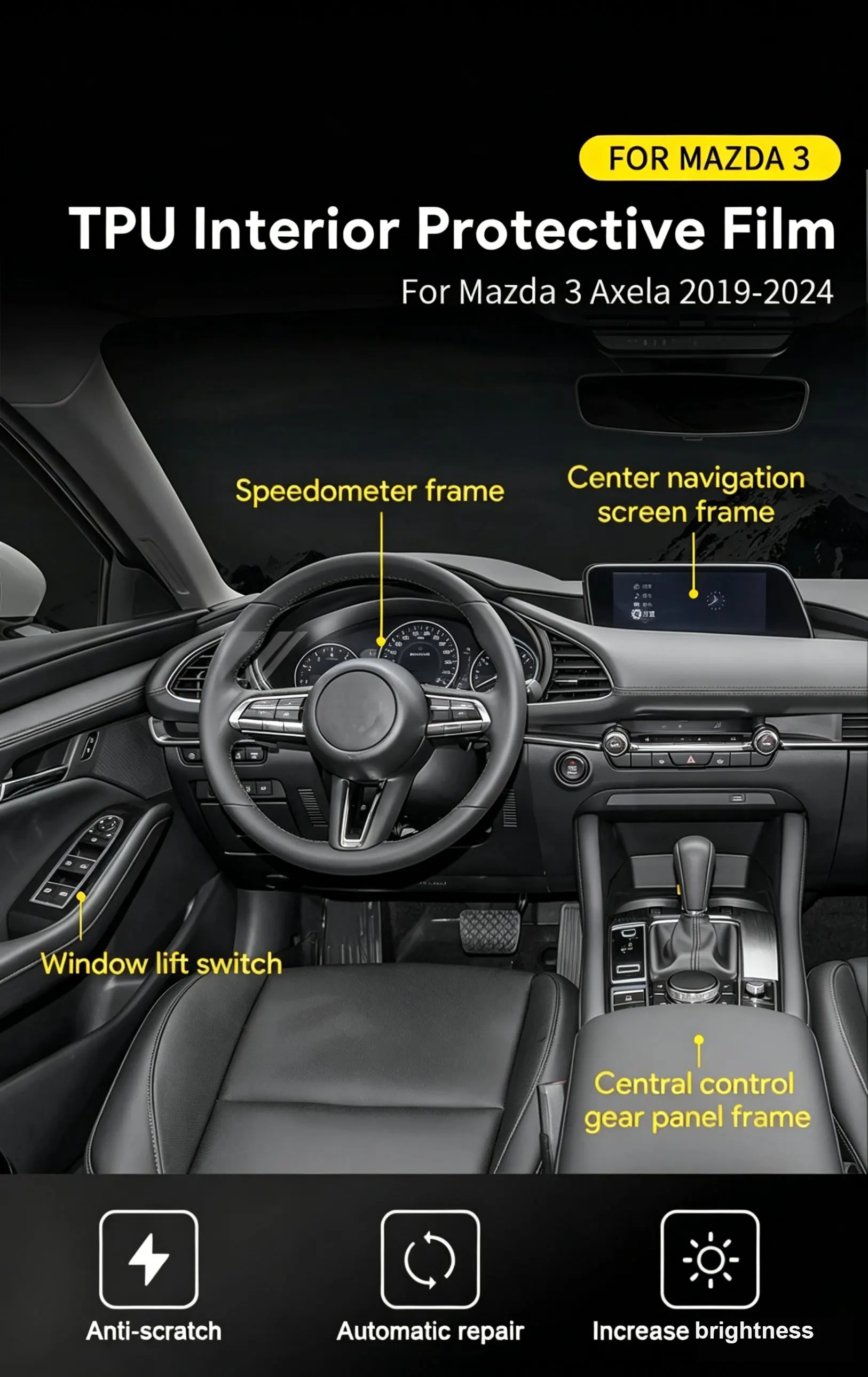 TPU-Schutzfolie für Mazda 3 Axela 2019–2024, Innenraumfolie, transparente TPU-Mittelkonsole, PPF-Schutzfolie, kratzfest – Detail 1