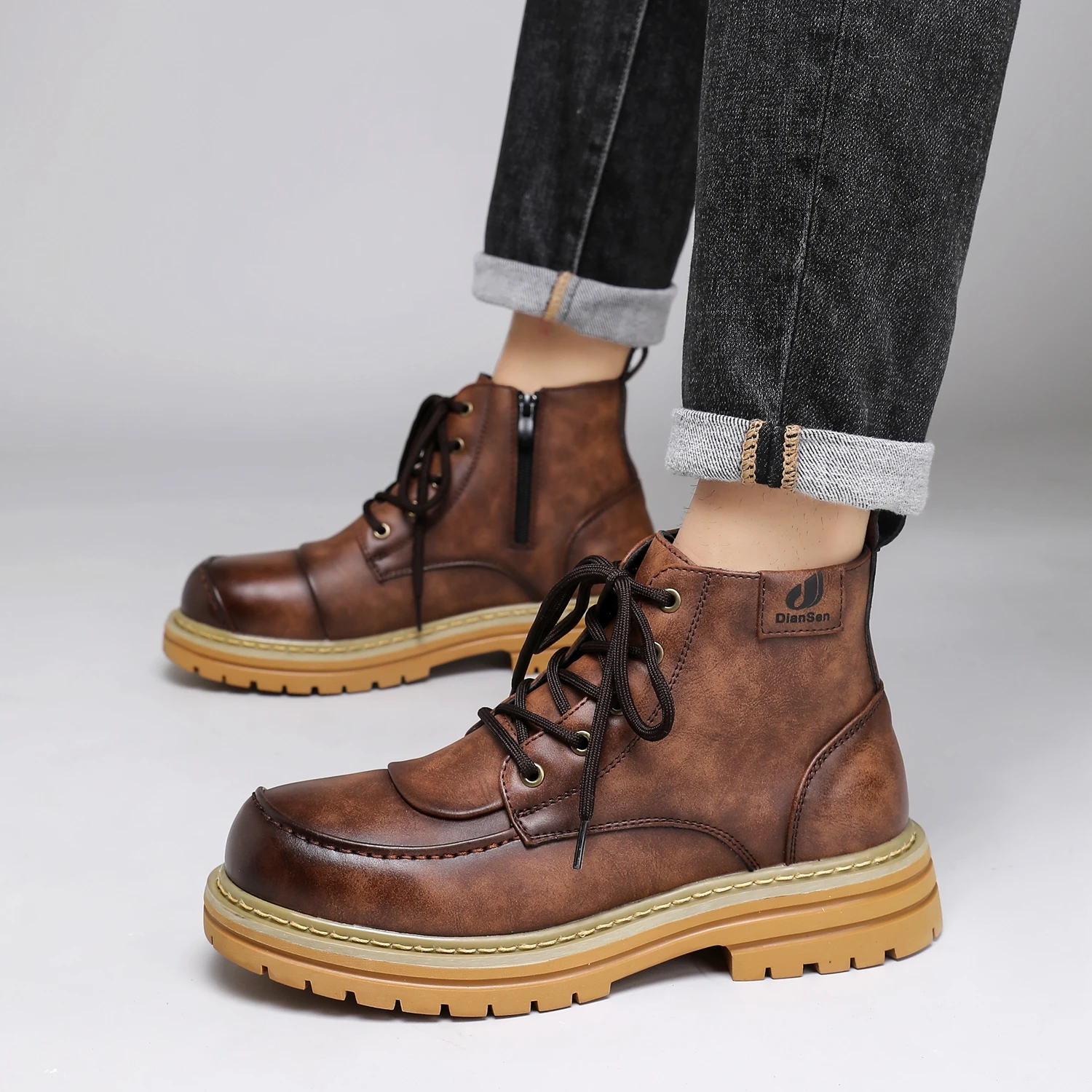 Maßgeschneiderte handgefertigte Lederstiefel für Herren, Retro-Stiefeletten mit runder Zehenpartie,
