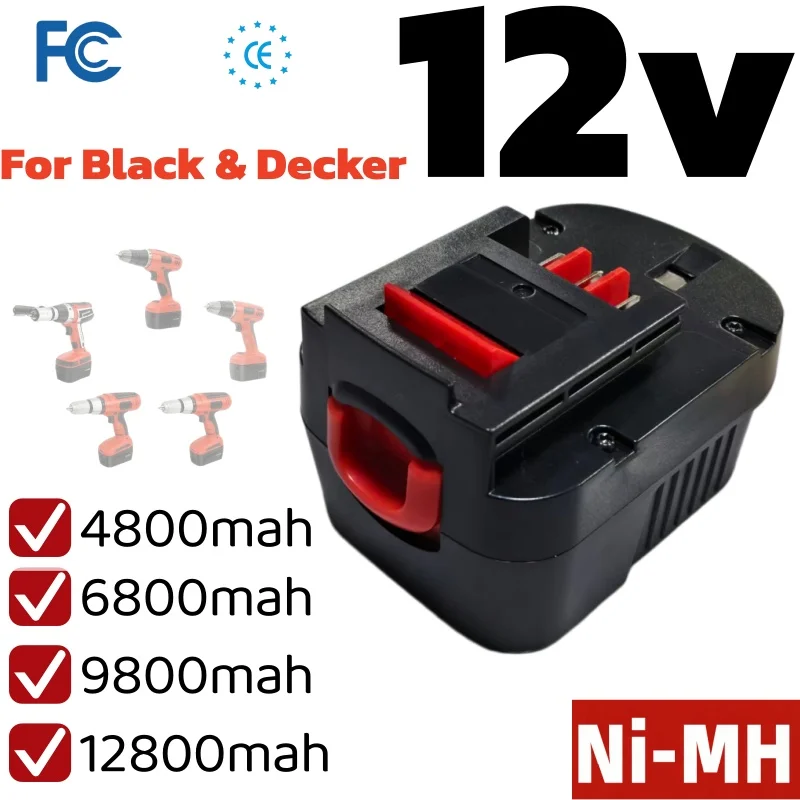 12Volt Ni‑MH Replacement Battery 4800‑12800Mah Electric Power Tools Accessory For Black&Decker Multiple Drill Models