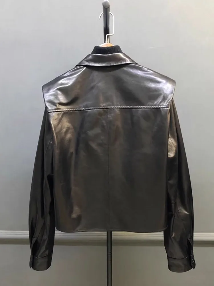 Veste d'automne en cuir véritable de mouton pour femme, simple boutonnage, col à revers de styliste, manteau de Style Punk, veste Streetwear décontractée