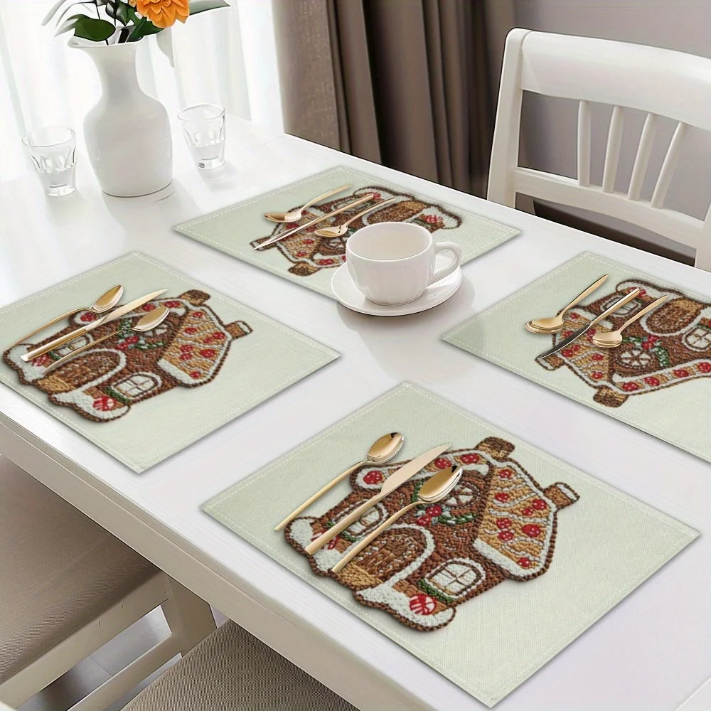 VIKAMA 4PC Gingerbread House Shaped Placemat Decoration Christmas Themed Dining Table Holiday Themed Restaurant Decoration