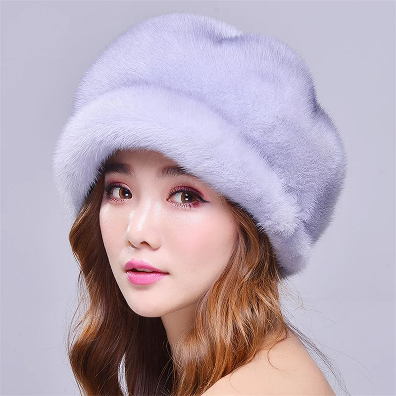 Women\'s Winter New Fur Hat Luxury Natural Mink Fur Warm Hat Fashionable Big Elastic Soft Thickened Windproof Fur Hat