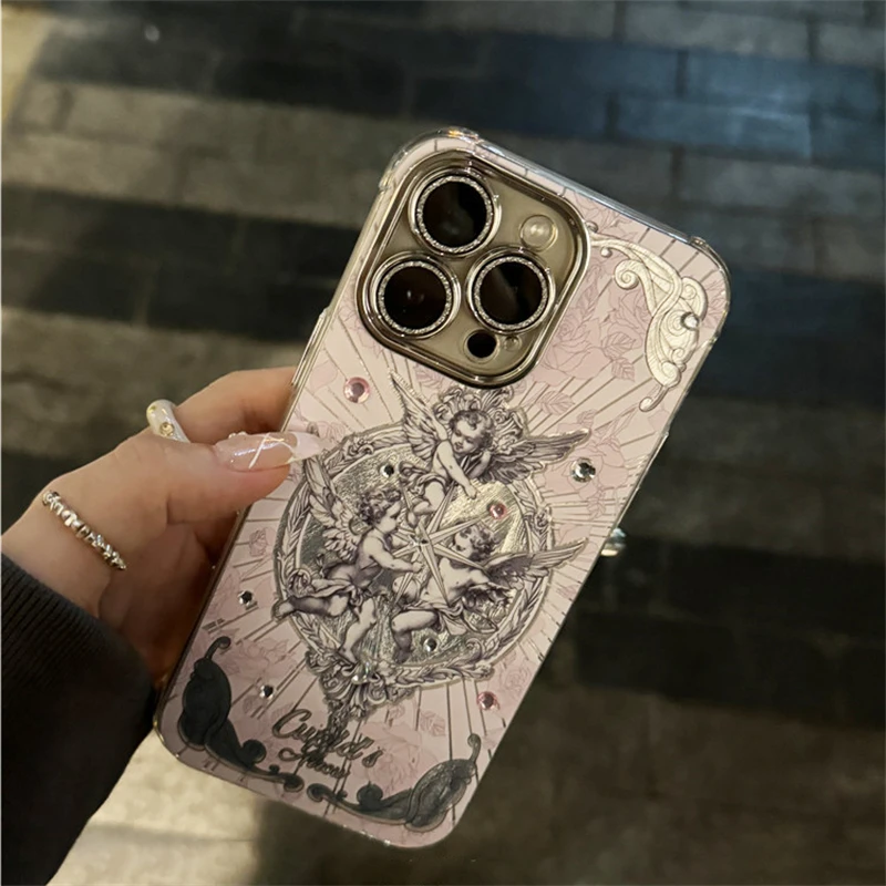 Middle Ages Retro Cupid Phone Case For Iphone 16 15 14 13 12 11 Pro Max Korea Glitter Case Stylish Aesthetics Shockproof Cover