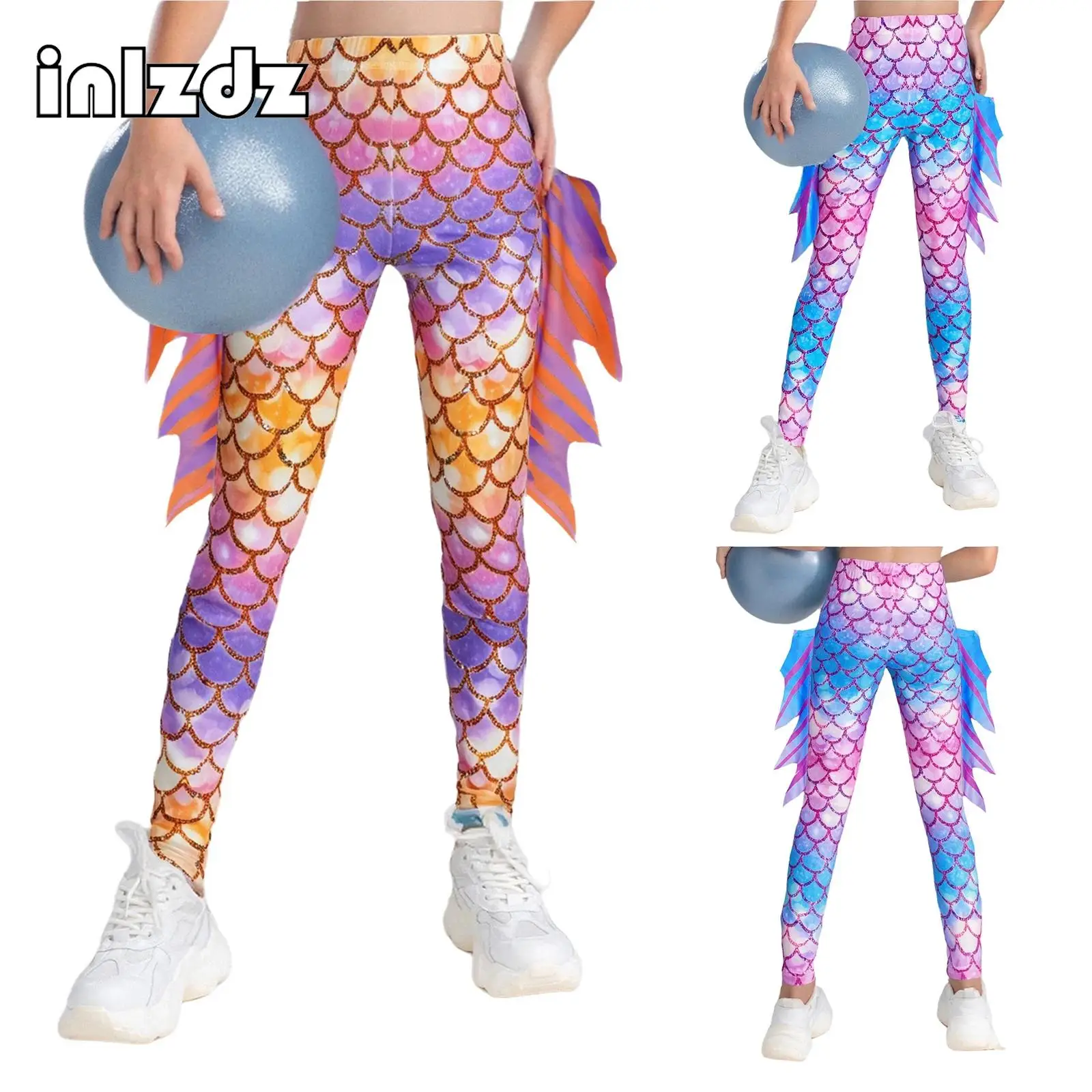

2Pcs Kids Girl Fish Scale Printed Mermaid Leggings Yoga Figure Skating Pants Halloween Theme Party Birthday Photography Dress-up