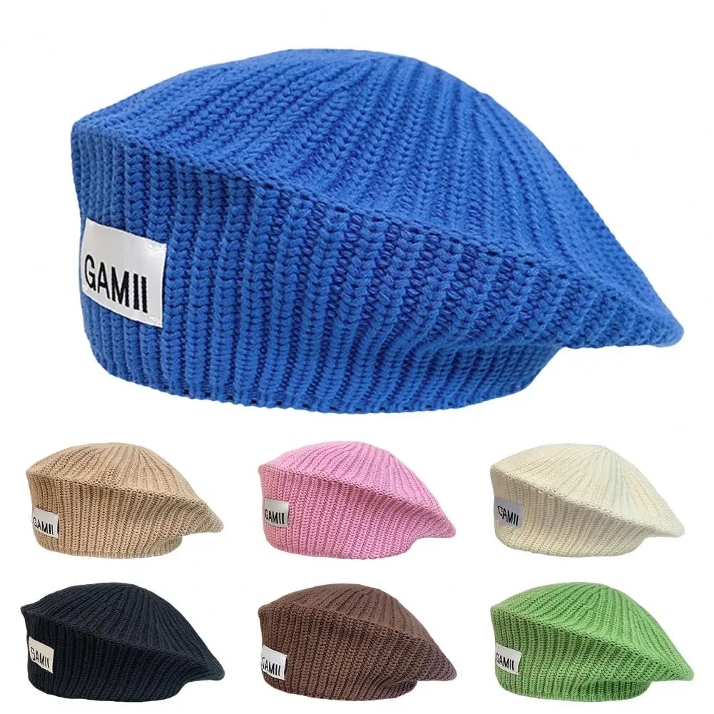 

Women Winter Beanie Stripe Texture Knitting No Brim Elastic Decorative Regular Fit Solid Color Artist Beret Women Headdress