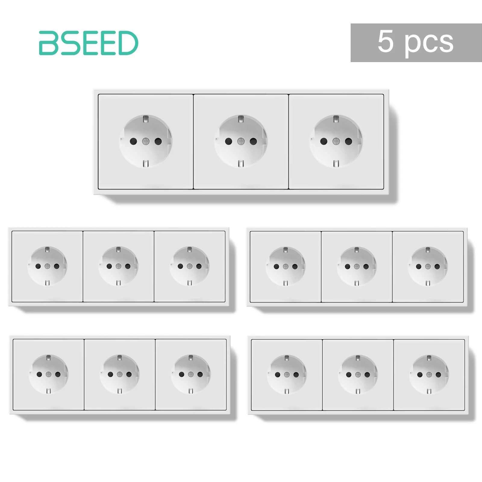 BSEED EU Standard 1/3/5 Pack Triple Wall Electrical Sockets Power Outlets Value Pack White Black Plastic Frame 16A view 3