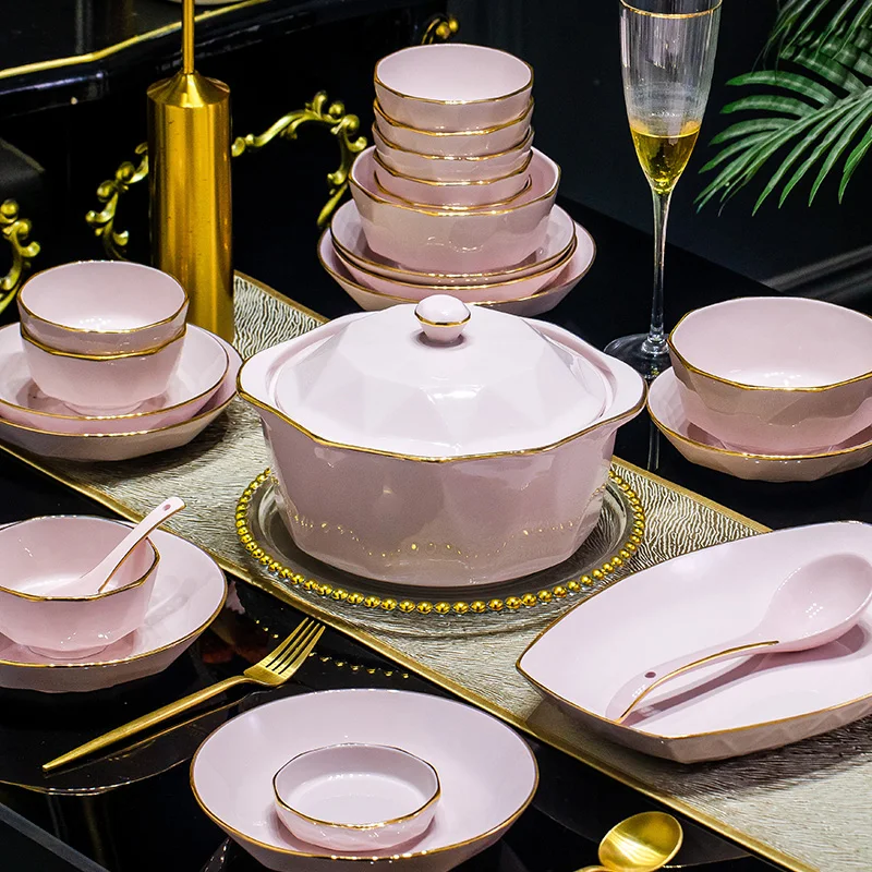 European-Style Household Golden Edge Pink Chinese Complete Crockery and Ceramic Tableware Set Dishes