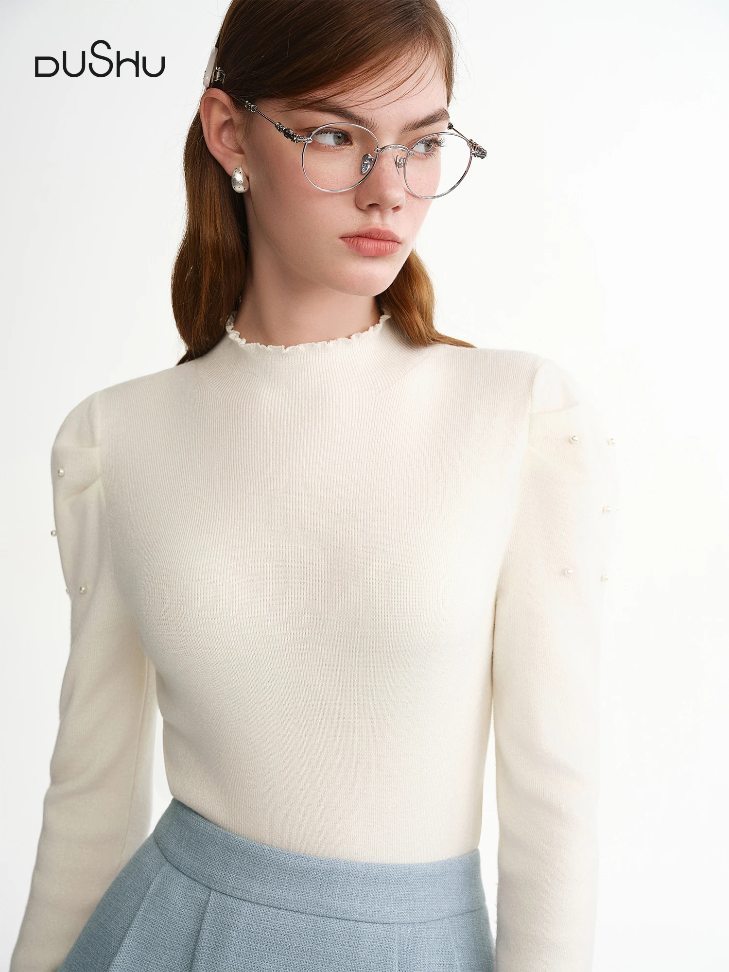 DUSHU Plus-Size Women's Fashion Elongated Collar Wood Ear Design Slim-Fitting Long Sleeve Base Layer Top 2025 Winter New Arrival