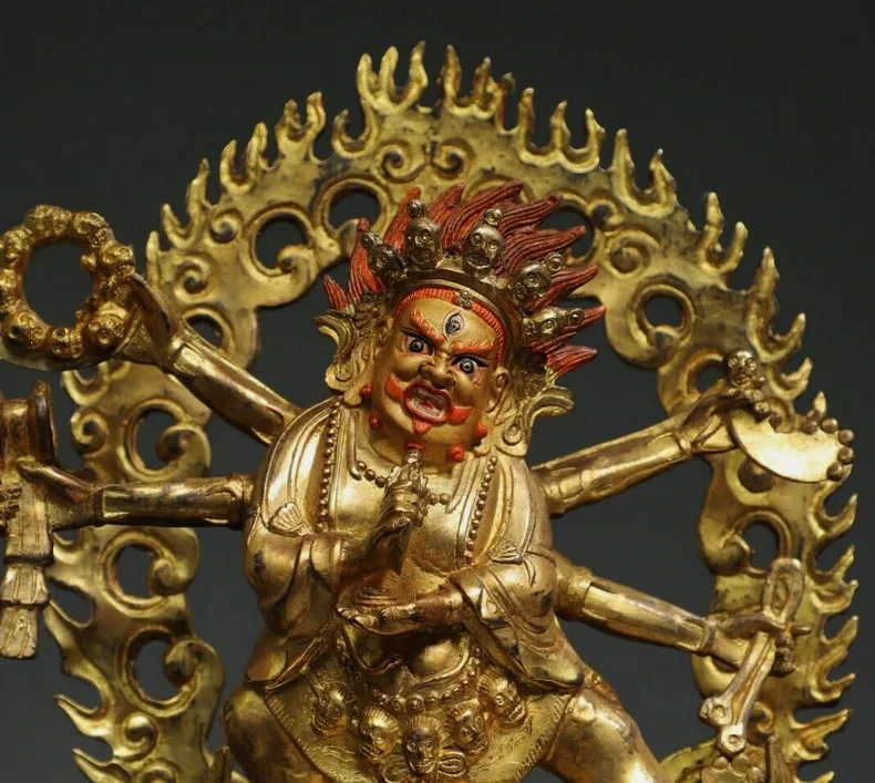 11'' Old Nepal Buddhism Copper Gilt Paint Mahakala Wrathful Deity Buddha Statue