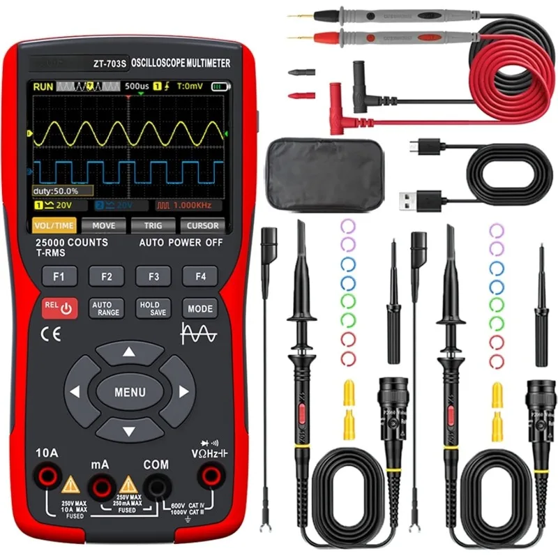 

ZT-703S 50MHz 3-in-1 Digital Multimeter & Oscilloscope, High-Precision Voltage Meter, TFT Color Screen, 3400mAh Battery