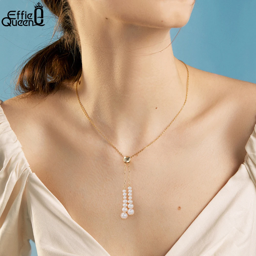 EFFIE QUEEN Unique 925 Sterling Silver Freshwater Pearl Necklace Adjustable Beads Pearl Pendant Necklace for Women Jewelry GPN41