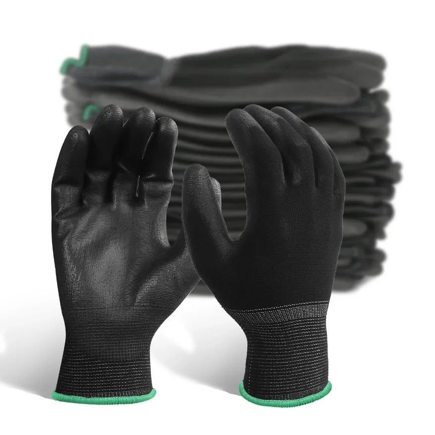 10 pairs Black Pu Coated Polyester Shell Cut Resistant Anti Slip Working Safety Garden Gloves For Maintenance