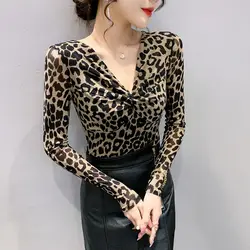 2024 Spring Autumn New Fashion Leopard V-neck Long Sleeve T-Shirts Ladies Fashionable Pleated Slim Net Yarn Bottoming Shirt Tops