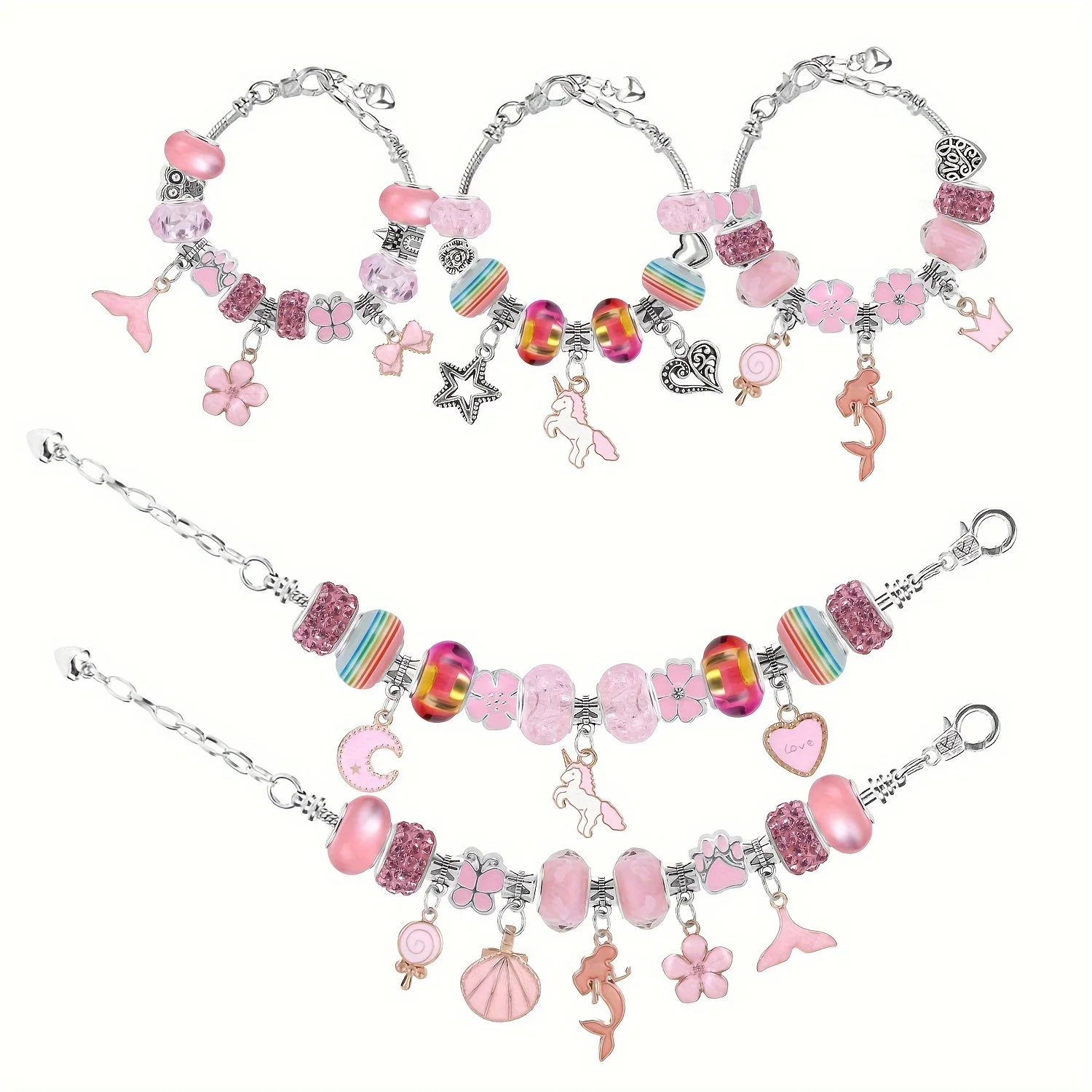 67pcs Pink Jewelry Making Kits -Charm Bracelet Making Kit with 60 Charms Beads, 3 Bracelet Chains and 3 Necklace Cords