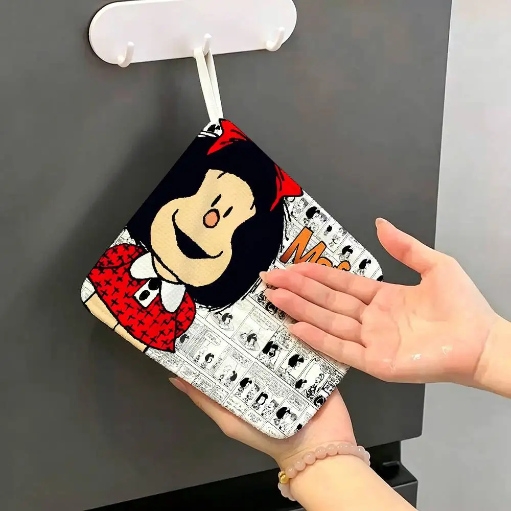 M-mafalda Cartoon Polyester Cotton Hand Wiping Towel, Hanging Towel, Quick Dry for Kitchen Bathroom Daily Supplies