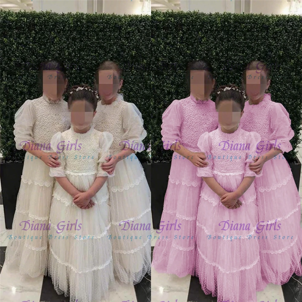 

Holy Baptism Communion Gown Flower Girl Dress Quality Milk Lace For Little Princess Wedding Ball Kids Birthday Party Ball Gowns