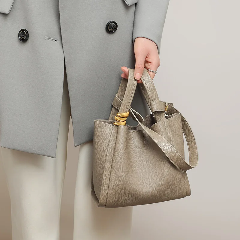 Genuine Leather Bucket Bag for Women Small Tote Bag Drawstring Top Handle Handbag