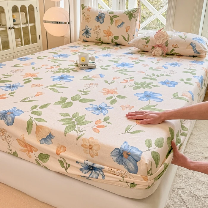 

New Cotton Single Bed Cover A Fresh and Simple Country-style Floral Old Coarse Cloth Mattress Cover Bring Elastic Bedspreads