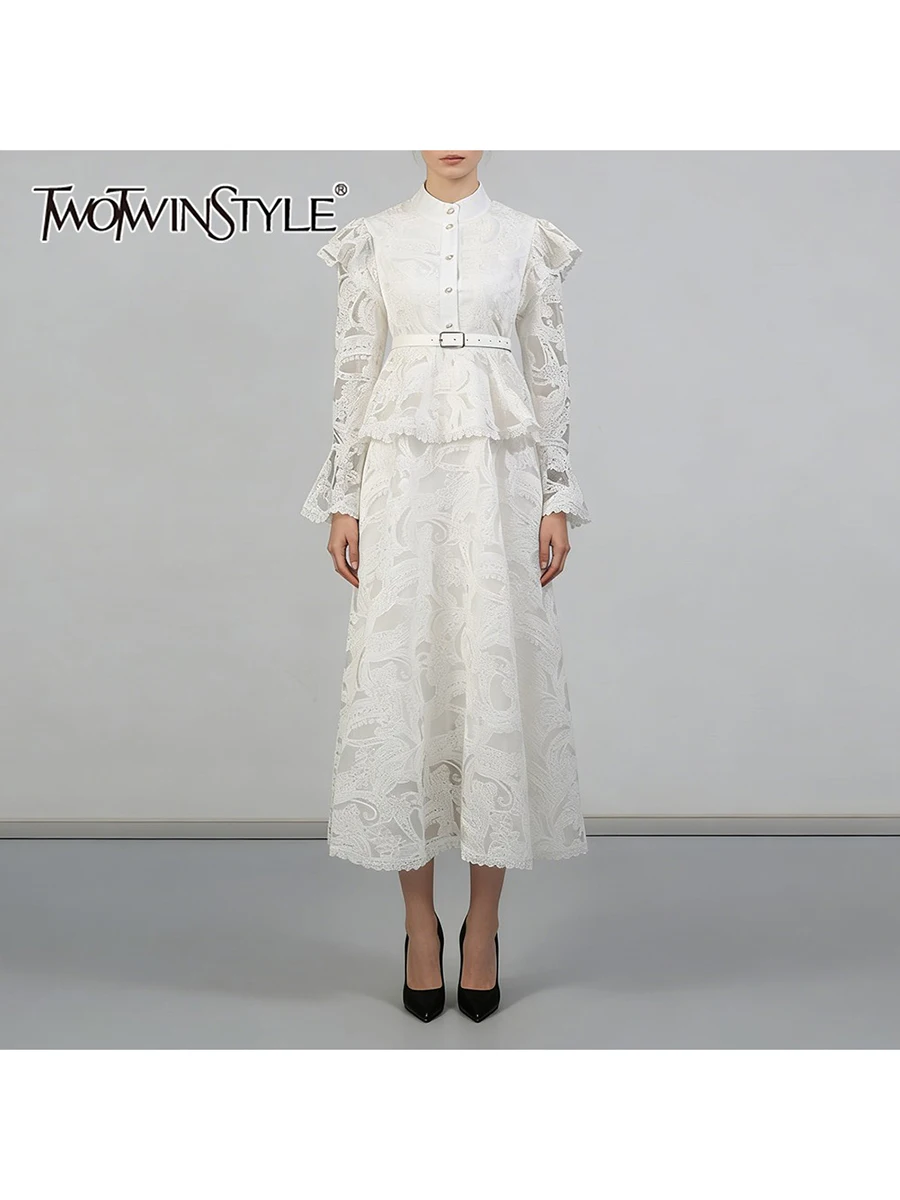 투트윈스타일 솔리드 프린팅 시스루 스플라이스 벨트 패션 드레스 여성용 라운드넥 긴팔 패치워크 버튼 드레스