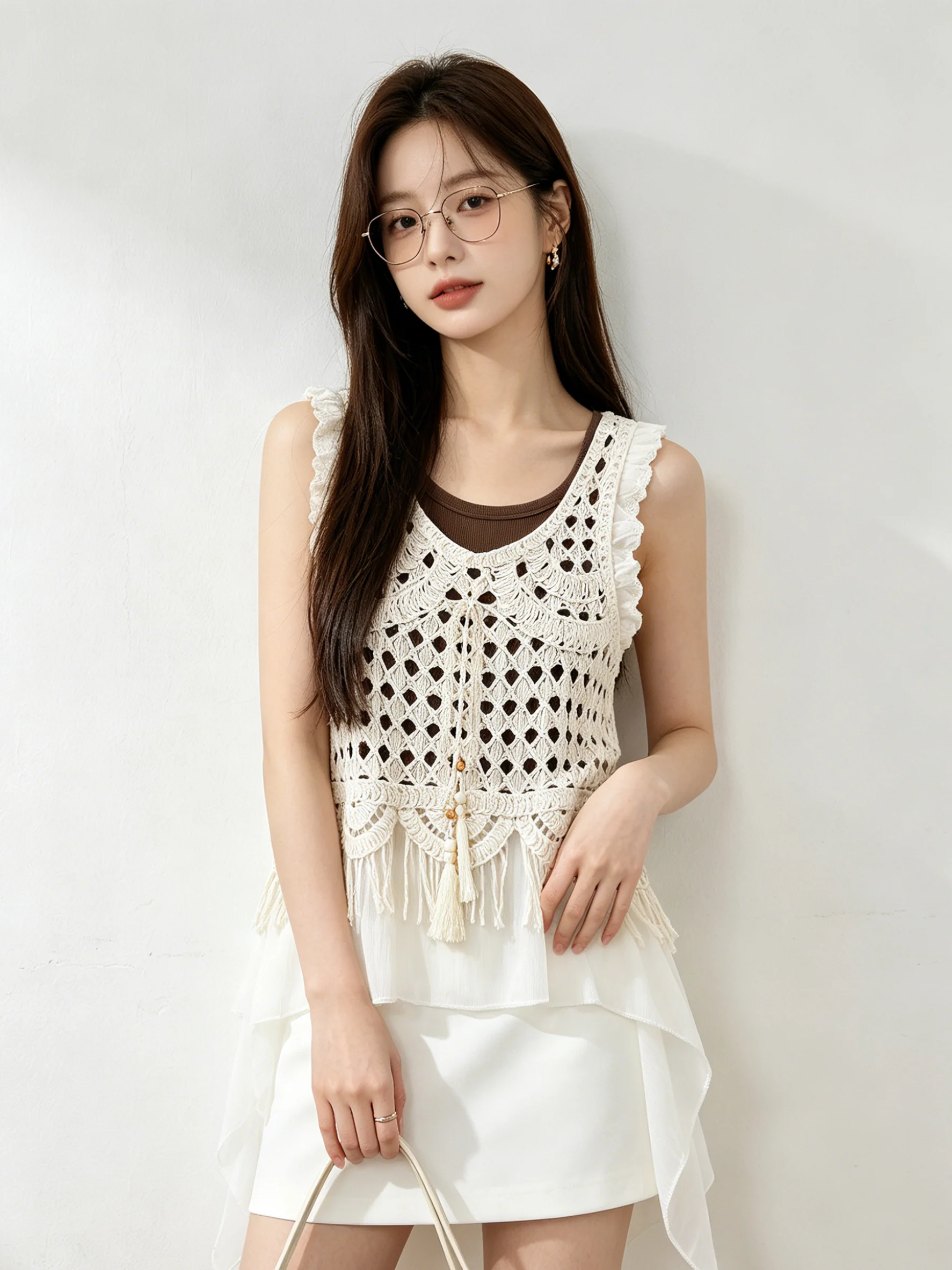 

Bohemian Casual Style Lace Trim Vest Mesh Splicing Two-Piece Set Women Summer Coffee Color Strap Inner Match Breathable Light...