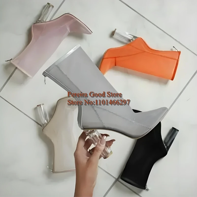 Pink Mesh Women Ankle Boots Pointed Toe Clear Transparent Square Heels Runway Boots Back Zipper See Through Ladies Modern Shoes