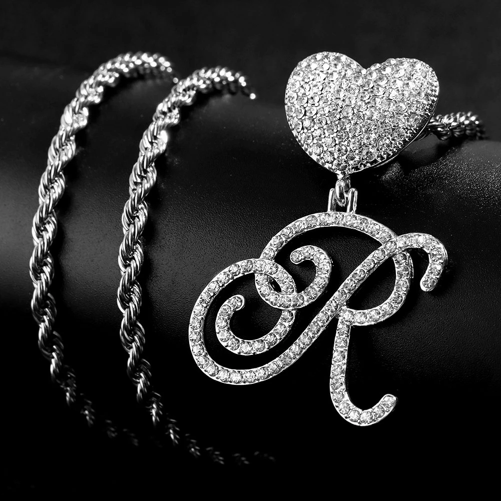 Hiphop Heart Initials Name Necklaces For Women 4MM Rope Chain Cursive Letters Pendant Necklace Trendy Jewelry Gifts