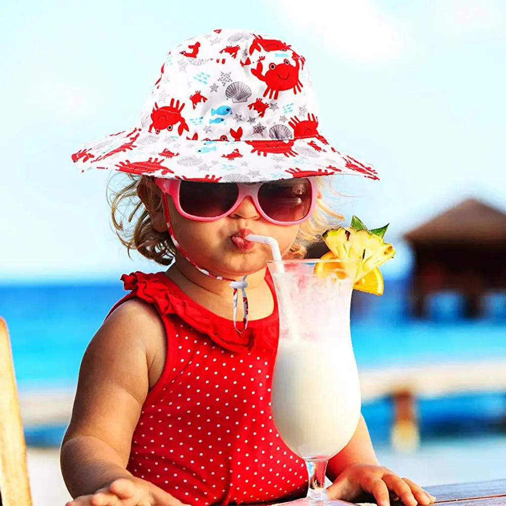 Swimming Hats For 0-8 Years UV Protection Neck Ear Cover Beach Cap with Adjustable Chin Strap Nice Baby Sun Hat Bucket Hat