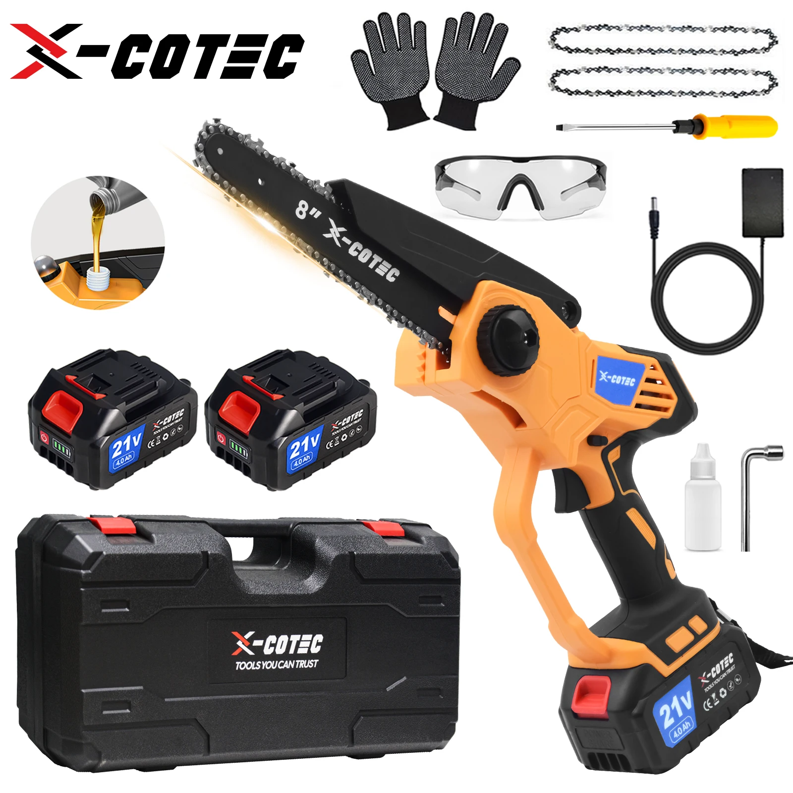 X-COTEC Mini-Kettensäge, 8 Zoll Kettensäge-bürstenloser Motor, elektrische Kettensäge kabellos mit 2