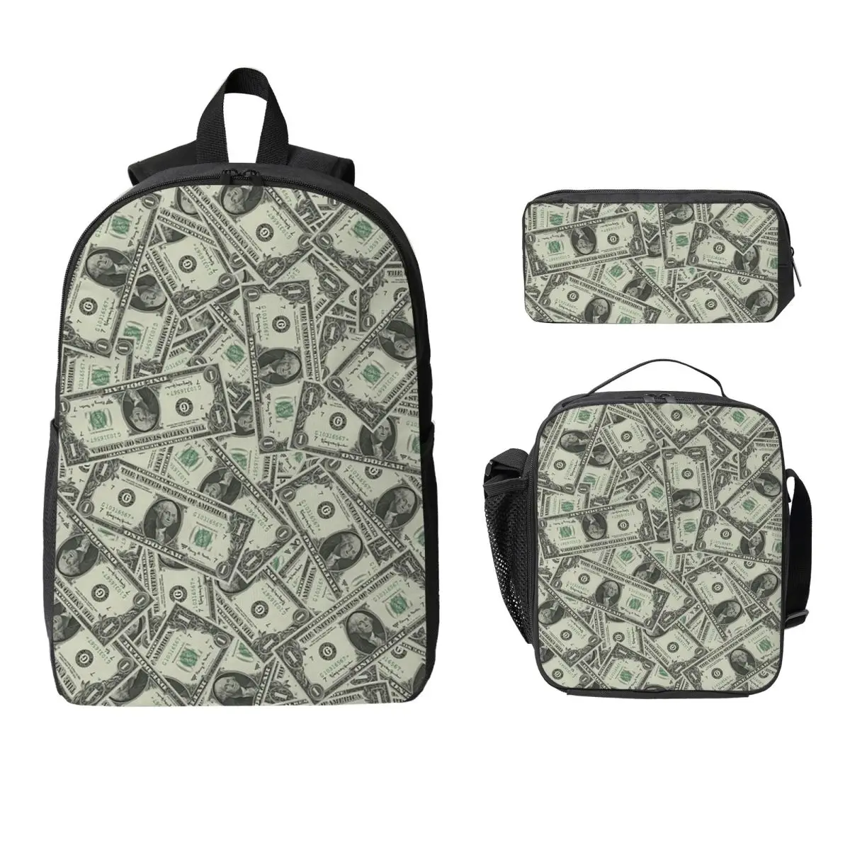 Money Dollars Bill Pattern Backpack Boys Girls BookBag School Bag Computer Shoulder Bags 3ps Insulated Lunch Bag Pencil Case