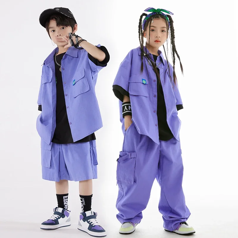 Salopette ample manteau violet pantalon vêtements de danse de rue garçons filles Jazz tambour spectacle scène vêtements enfants Hip Hop danse Costume