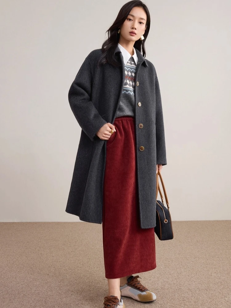 

SENTUBILA Women's Long Woolen Coats 2025 Winter Double-sided Wool Jacket Polo-neck Long Sleeve Loose Outerwear Fashion W54OC2732
