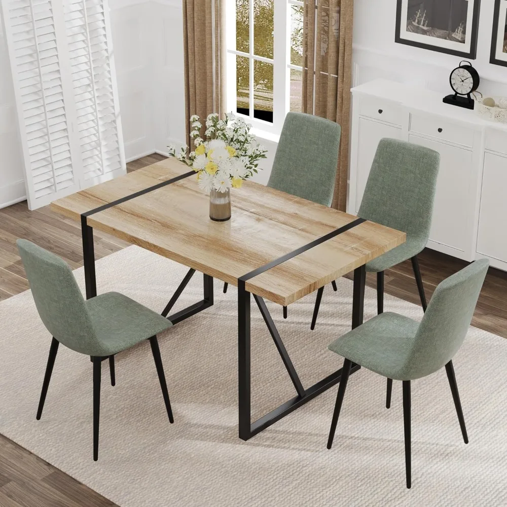 Dining Table Set for 5, Modern Rectangle Dinner Room Tables Sets with 4 Fabric Dining Chair and 1 Wooden Dining Table